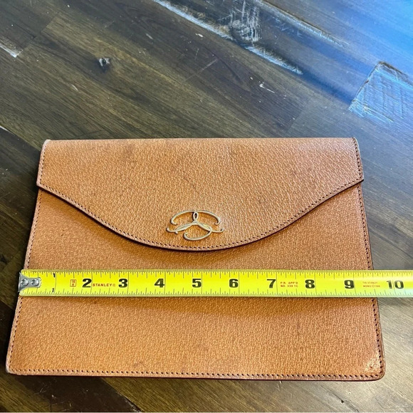 Vintage Oscar De La Renta Tan Leather Clutch Bag Fold Over Envelope Gold - Picture 9 of 10